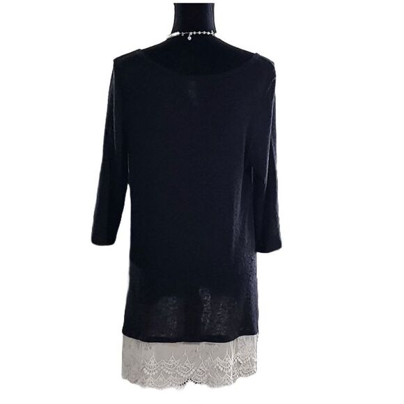 Now & Forever Black knit 3/4 Sleeve Cream Lace Hem Sweater Tunic Top Size 2XL - Picture 3 of 7
